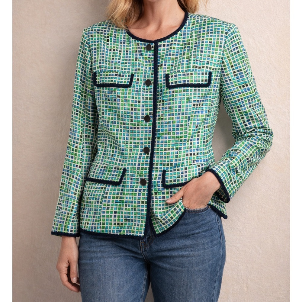 Vintage 80’s Silk Adrianna Papell Blue and Green Checkered Blazer Jacket